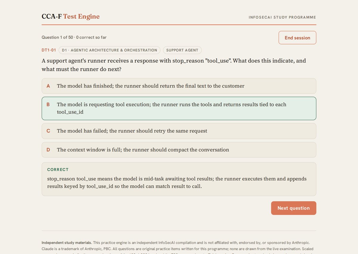 The test engine showing study mode feedback